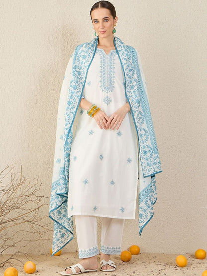 Floral Embroidered Straight Pure Cotton Kurta With Trousers & Dupatta