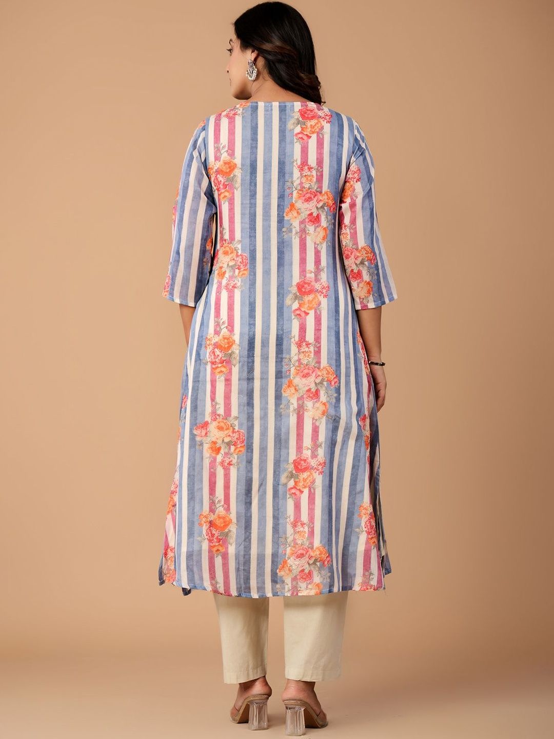 Striped Pure Cotton A Line Kurta With Trousers