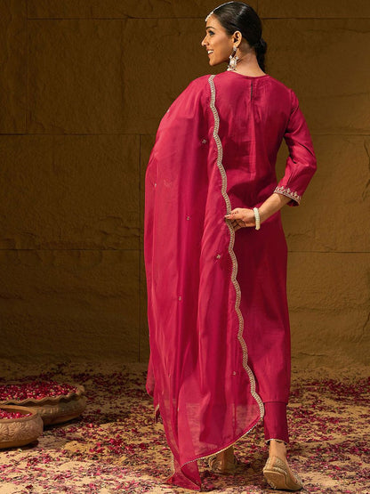 Dhiyona IE Ethnic Motifs Yoke Design Thread Work Liva Straight Kurta With Trousers & Dupatta