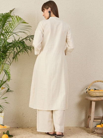Floral Embroidered Mandarin Collar Thread Work Pure Cotton A-Line Kurta & Palazzo