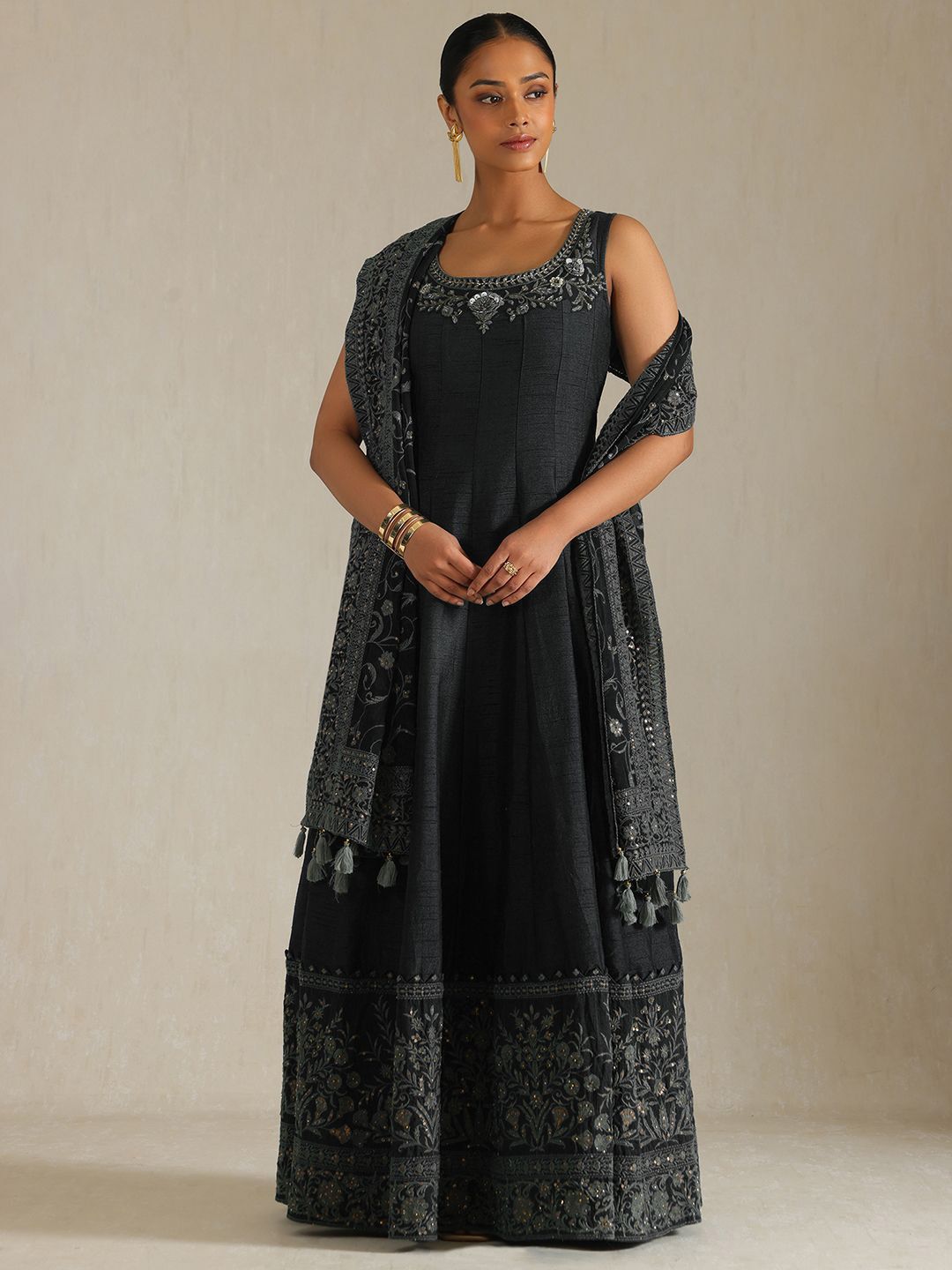Dhiyona SO Women's Women Printed Beads and Stones Dupion Silk Kurta With Dupatta