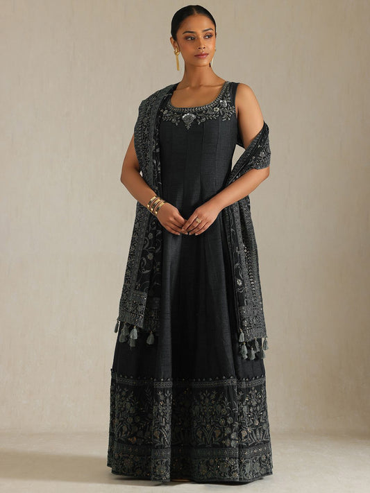 Dhiyona SO Women's Women Printed Beads and Stones Dupion Silk Kurta With Dupatta
