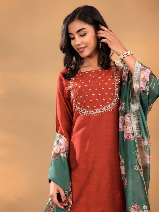 Dhiyona VA Women'sMaroon Floral Yoke Design Thread Work Straight Kurta With Trousers & Dupatta