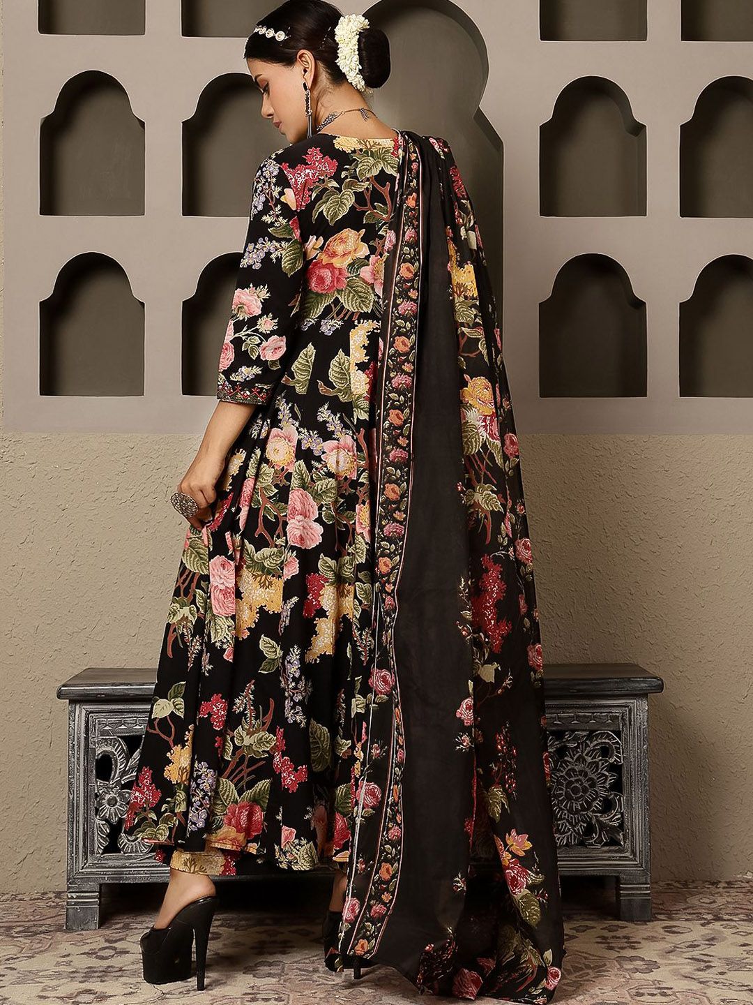 Dhiyona SN Women's Floral Printed Pure Cotton Anarkali Kurta with Palazzo & Dupatta