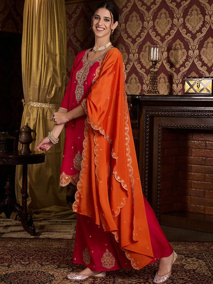 Dhiyona CH Women Embroidered Kurta Set with Contrast Dupatta