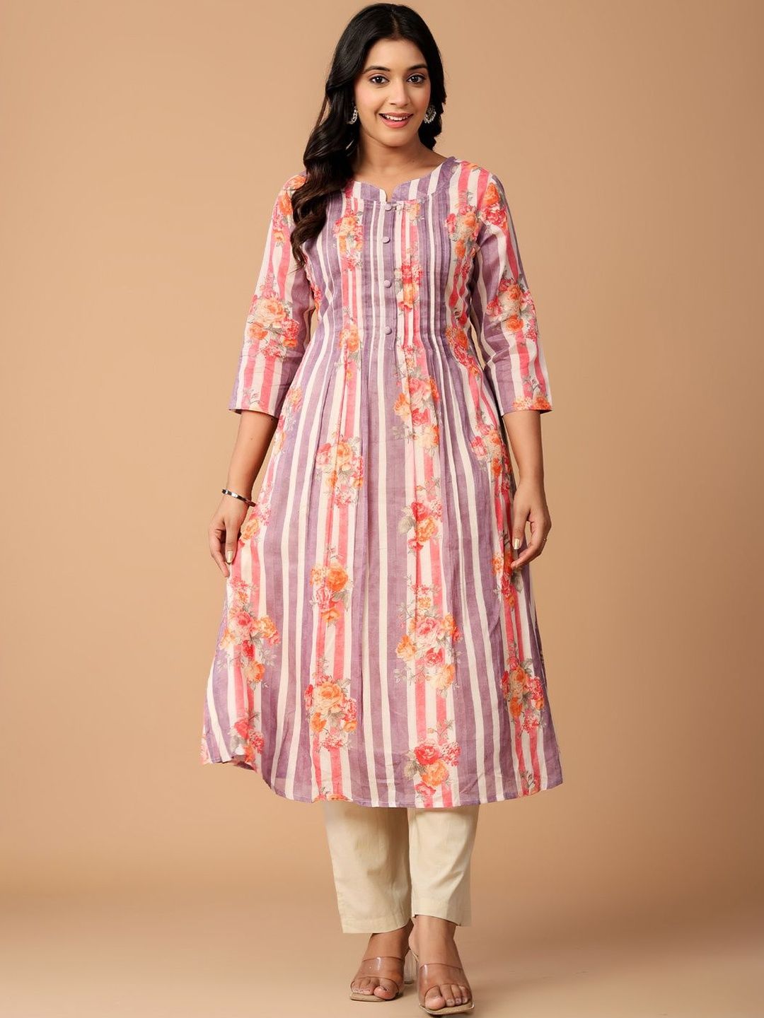 Floral Printed Pleated Pure Cotton A-Line Kurta with Trousers
