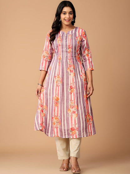 Floral Printed Pleated Pure Cotton A-Line Kurta with Trousers