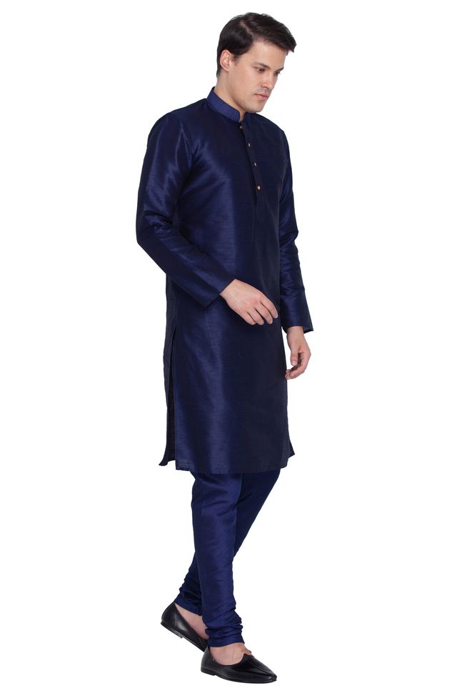 Men's Dark Blue Silk Blend Straight Kurta Pyjama Set
