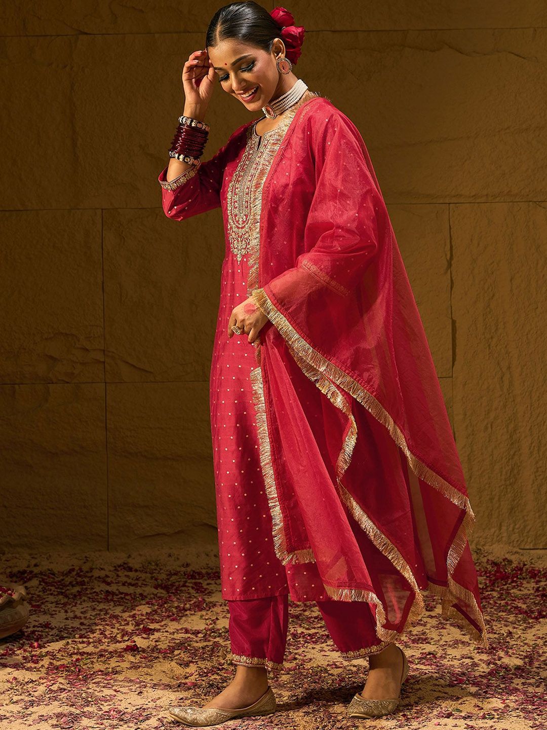 Red Embroidered Chanderi Silk Straight Zari Kurta With Trousers & Dupatta