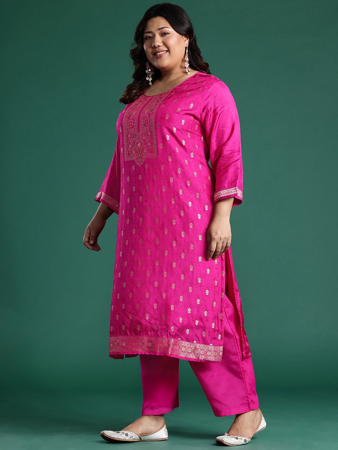 Plus Size Woven Design Kurta with Palazzos & Dupatta