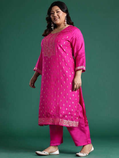 Plus Size Woven Design Kurta with Palazzos & Dupatta