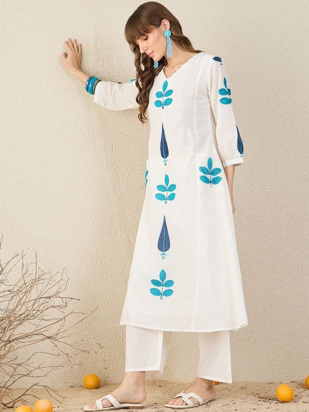 Floral Printed Panelled V-Neck Mirror Work A-Line Pure Cotton Kurta with Palazzos