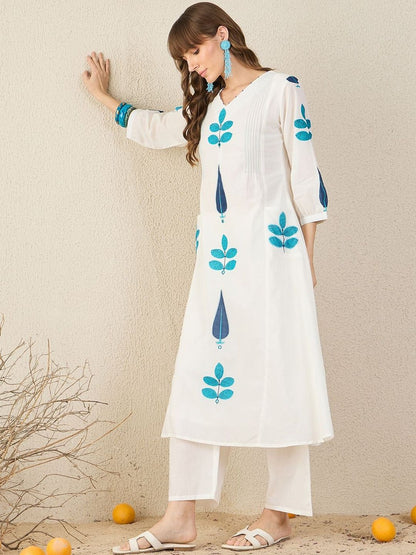 Floral Printed Panelled V-Neck Mirror Work A-Line Pure Cotton Kurta with Palazzos
