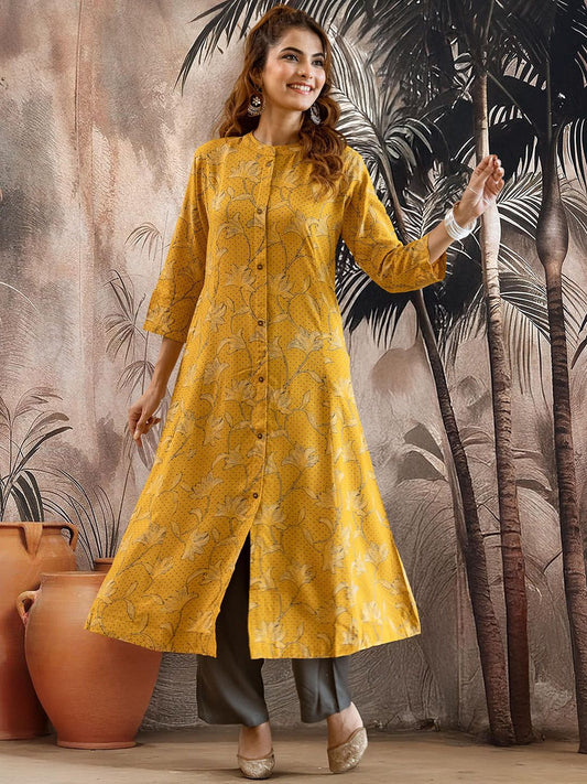 Dhiyona SN Women's Floral Printed Mandarin Collar Pure Cotton Straight Kurta & Trousers