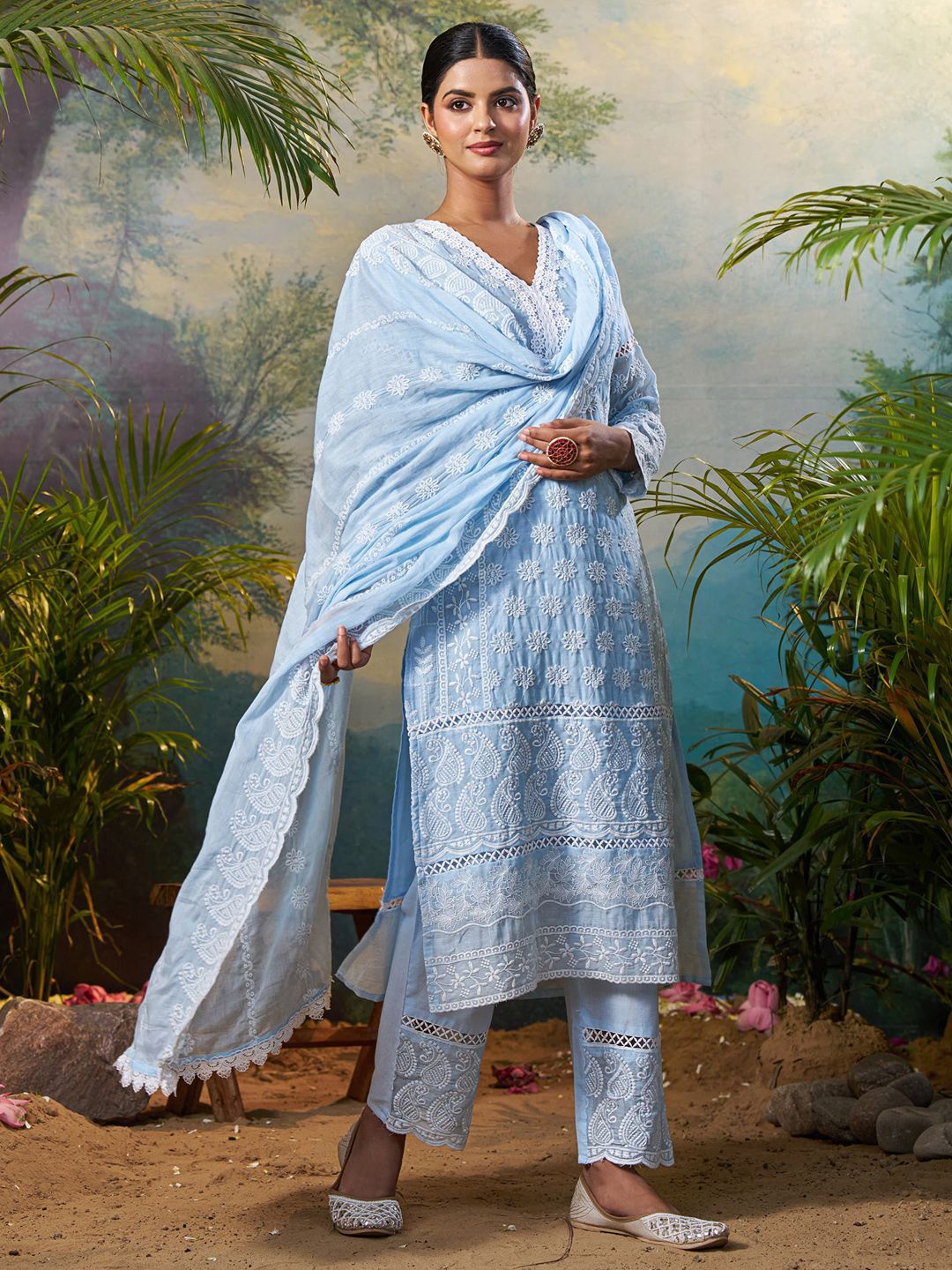 Ethnic Motifs Embroidered Pure Cotton V Neck Kurta With Trousers & Dupatta