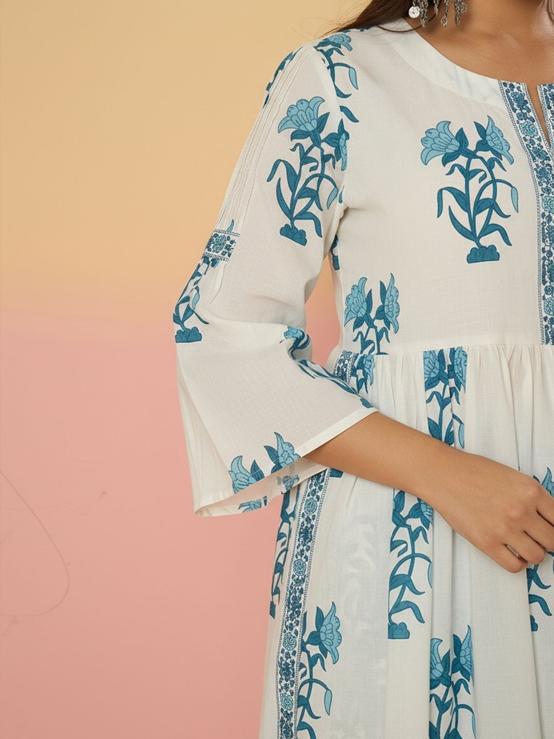 Floral Printed Empire V-Neck Pure Cotton A-Line Kurta with Trousers