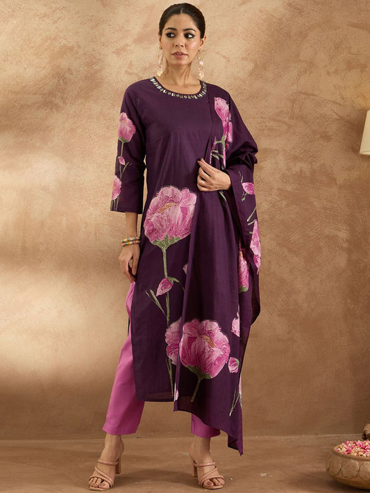 Dhiyona IE Women Floral Printed Regular Pure Cotton Kurta with Trousers & With Dupatta