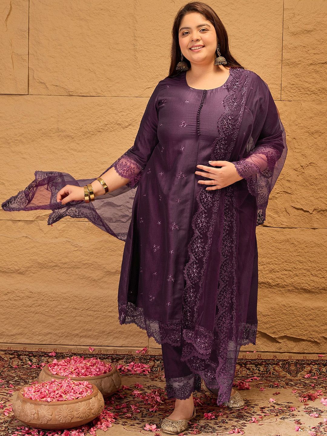 Dhiyona IN Floral Embroidered A-Line Kurta with Trousers & Dupatta