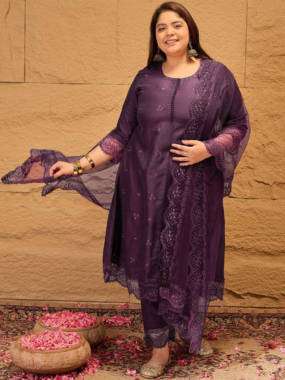 Dhiyona IN Floral Embroidered A-Line Kurta with Trousers & Dupatta