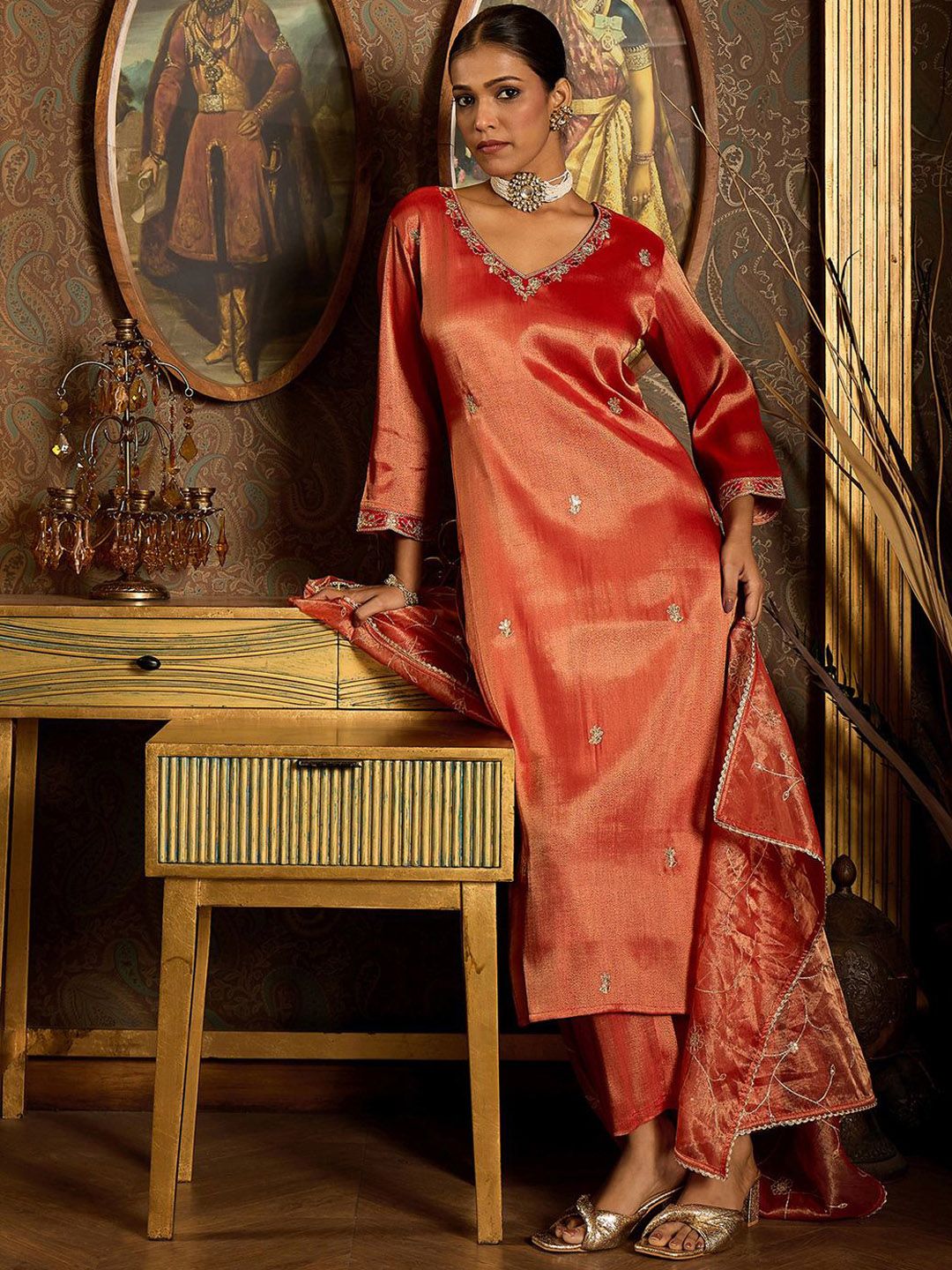 Floral Embroidered V-Neck Regular Liva Kurta With Trouser With Dupatta