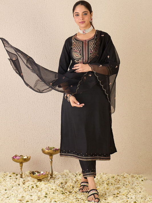 Women Ethnic Motifs Embroidered Regular Thread Work Pure Cotton Kurta with Trousers & With Dupatta