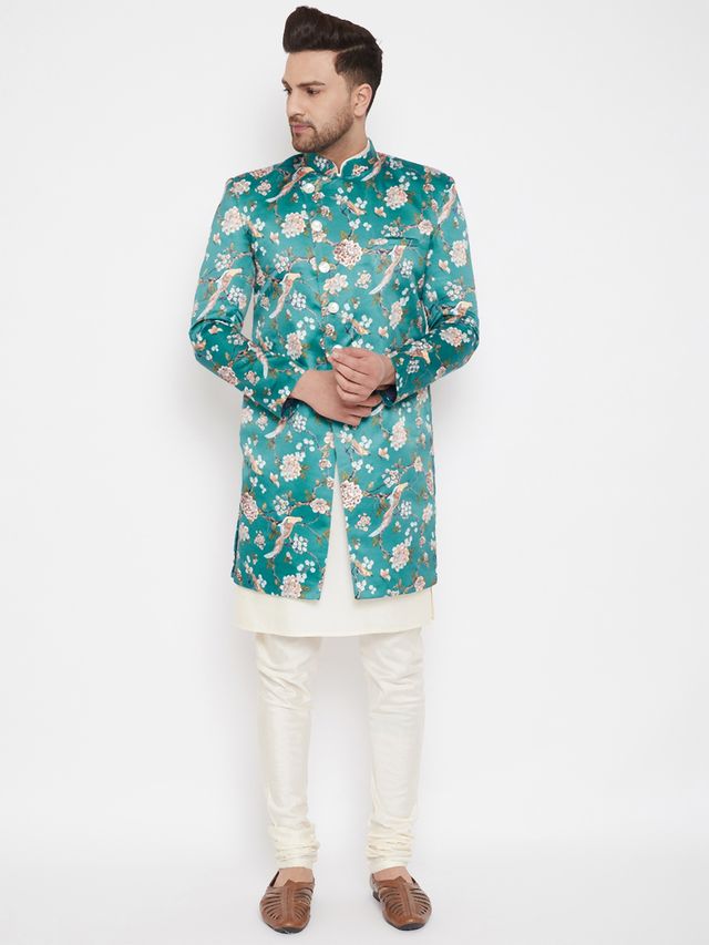 Men's Cream Silk Blend Straight Sherwani Set