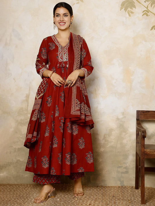 Dhiyona SN Women's Ethnic Motifs Printed Pure Cotton Anarkali Kurta with Palazzo & Dupatta