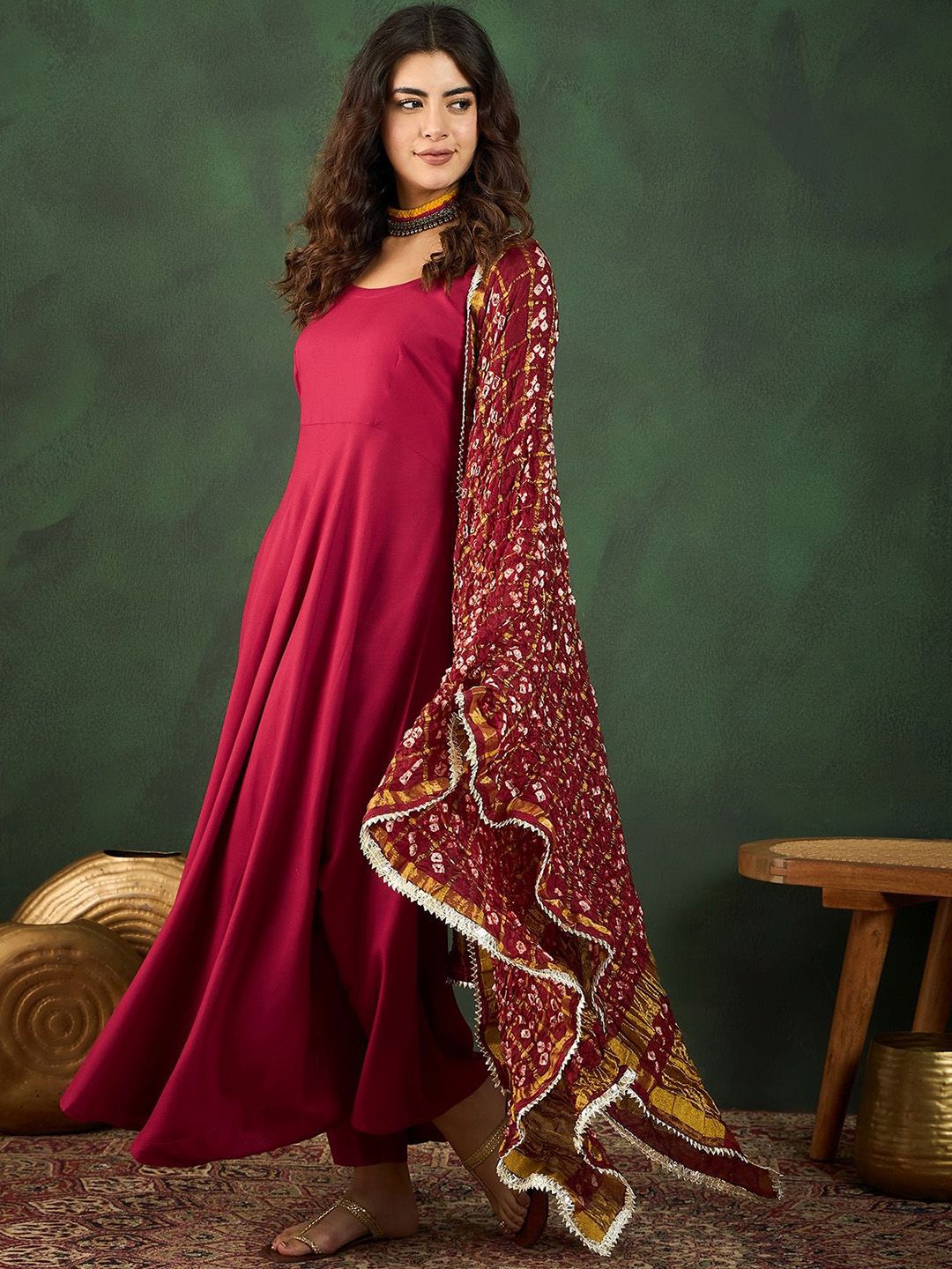 Dhiyona SN Women's Maroon Anarkali Kurta With Trousers & Bandhani Dupatta