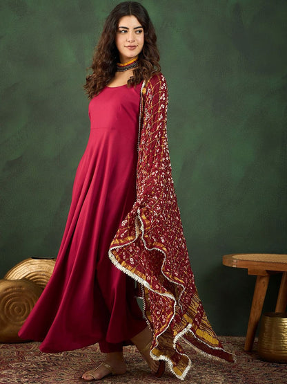 Dhiyona SN Women's Maroon Anarkali Kurta With Trousers & Bandhani Dupatta