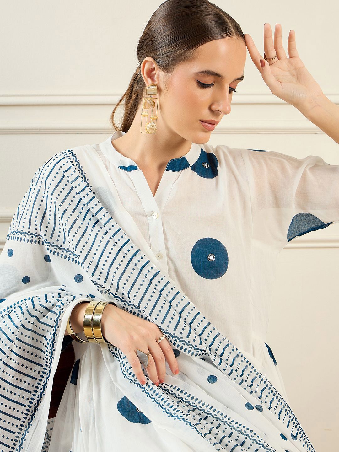 Dhiyona IE Geometric Printed Band Collar Pure Cotton A-Line Kurta with Trousers & Dupatta