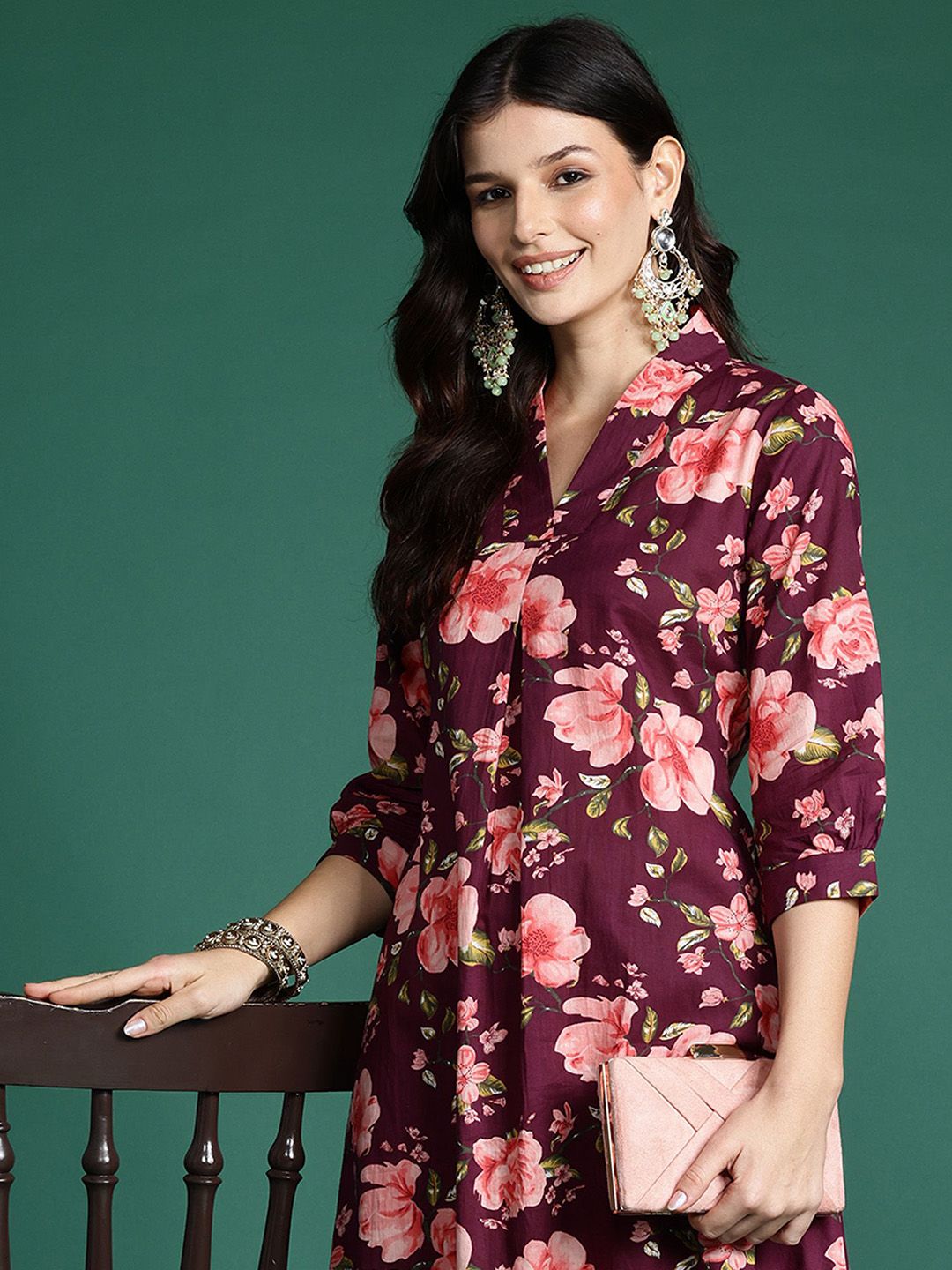 Dhiyona IE Floral Printed V-Neck Pure Cotton A-Line Tunic With Trouser