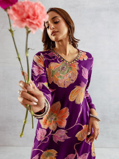 Dhiyona IS Women's Floral Printed V-neck Straight Kurta & Palazzos