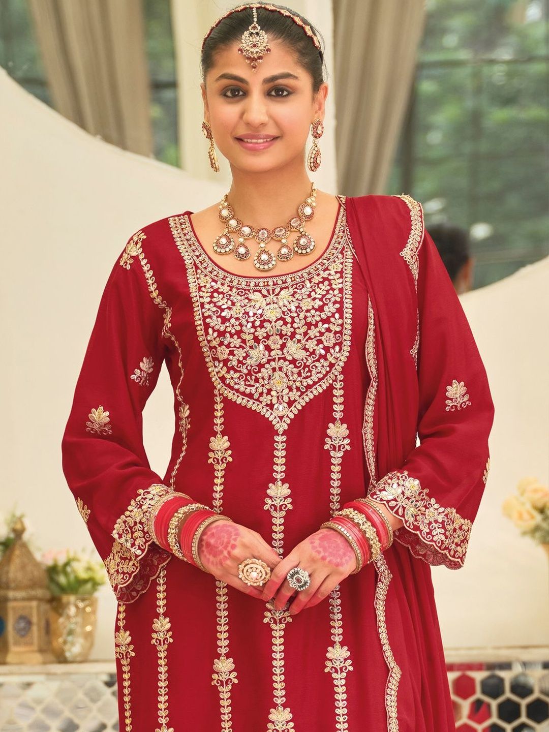 Ethnic Motifs Embroidered Straight Kurta With Palazzos & Dupatta