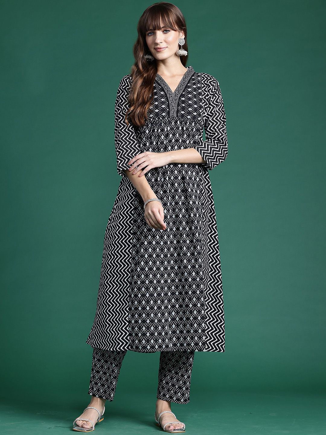 Ethnic Motifs Printed A-Line Pure Cotton Kurta with Trousers