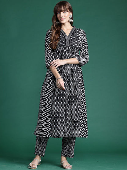 Ethnic Motifs Printed A-Line Pure Cotton Kurta with Trousers