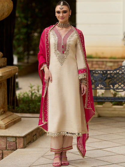 Ethnic Motifs Embroidered V-Neck Mirror Work Kurta With Trousers & Dupatta