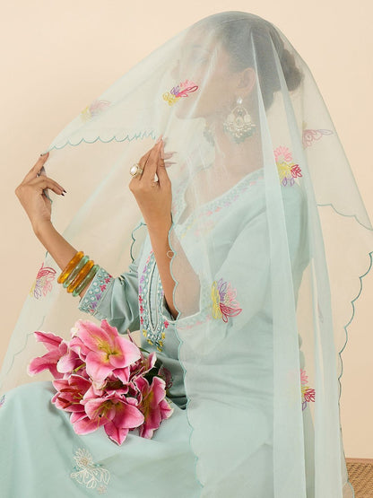 Women Floral Embroidered Regular Mirror Work Kurta with Trousers & With Dupatta