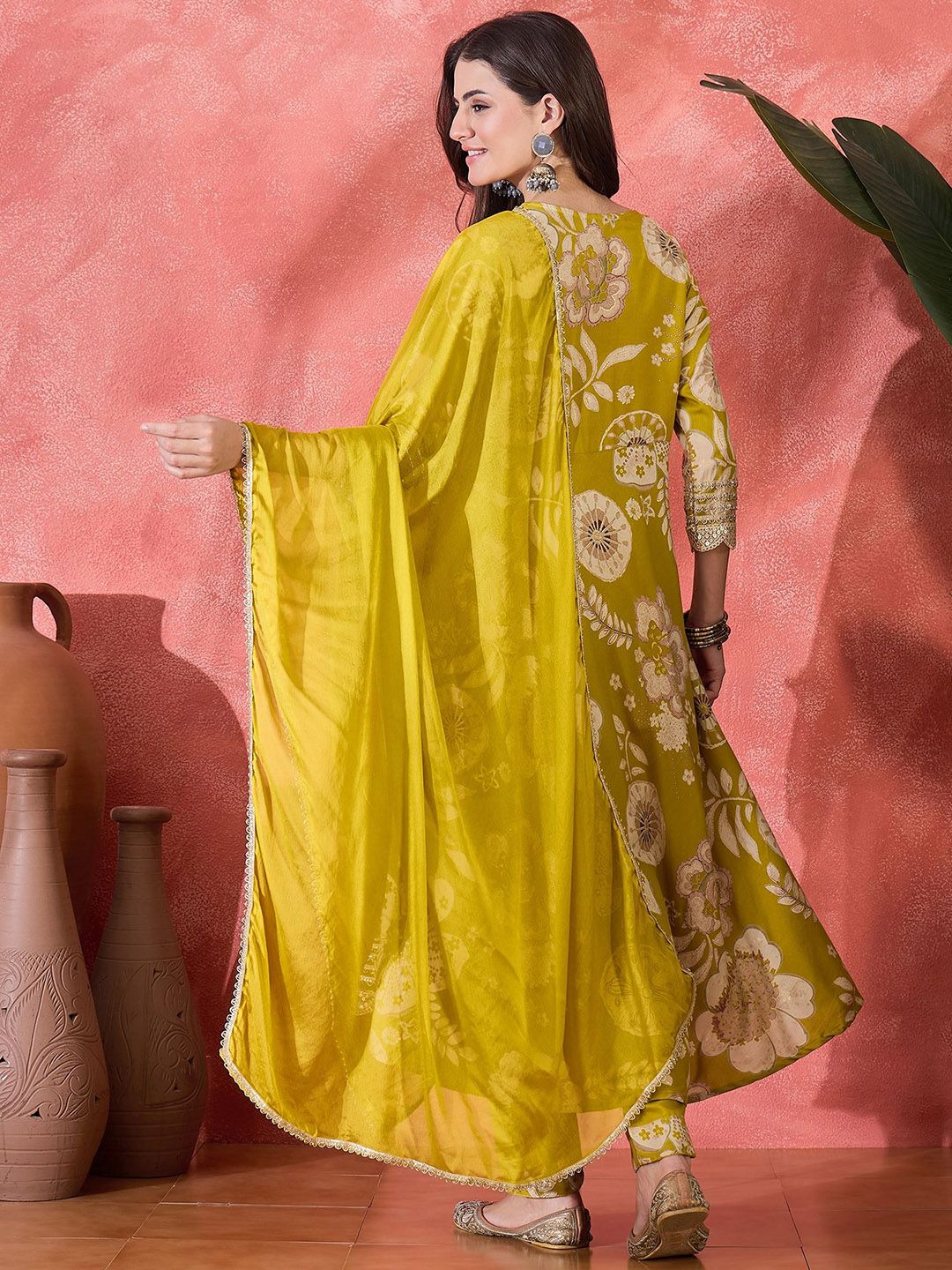 Dhiyona SN Women's Floral Printed With Embroidered Angrakha Kurta With Trousers & Dupatta
