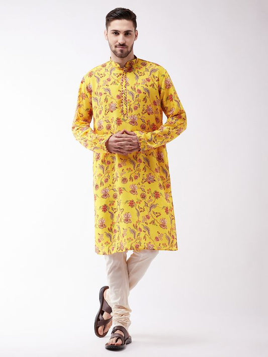 Men's MulticolorBaseMustard Muslin Straight Kurta Pyjama Set