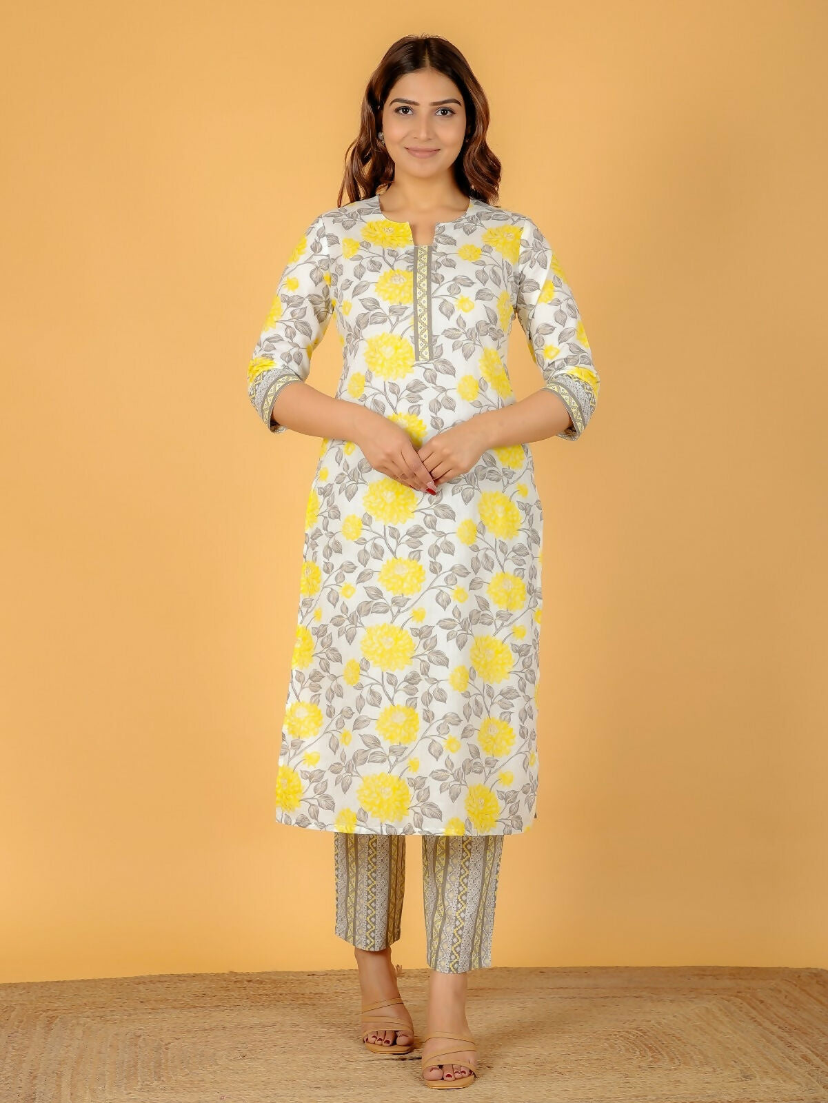 Women's Yellow Soft Cotton Floral Print Straight Kurta Pant Set for Women