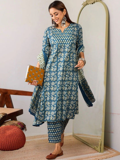 Women Ethnic Motifs Printed Regular Sequinned Pure Cotton Kurta with Trousers & With Dupatta