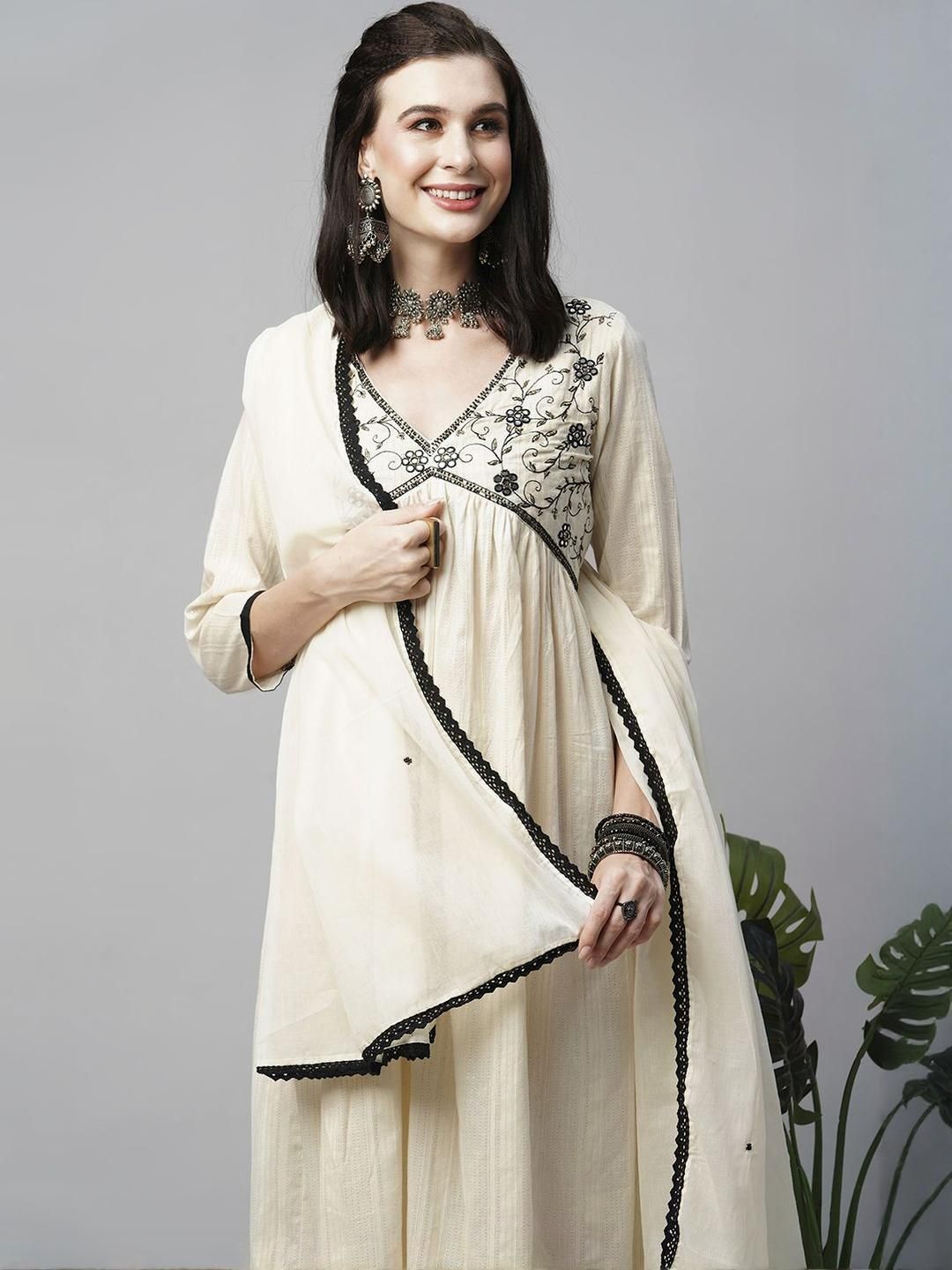 Dhiyona SN Women's Woven Design Embroidered Cotton Kurta with Trousers & Dupatta