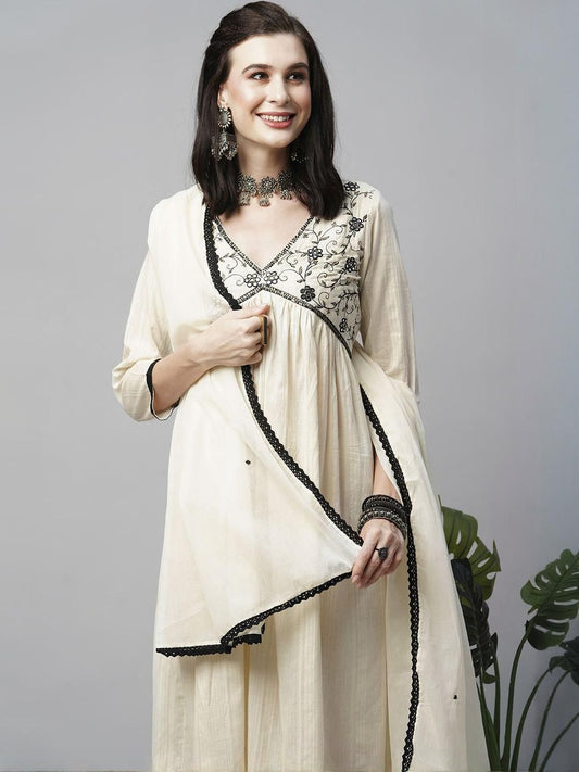 Dhiyona SN Women's Woven Design Embroidered Cotton Kurta with Trousers & Dupatta