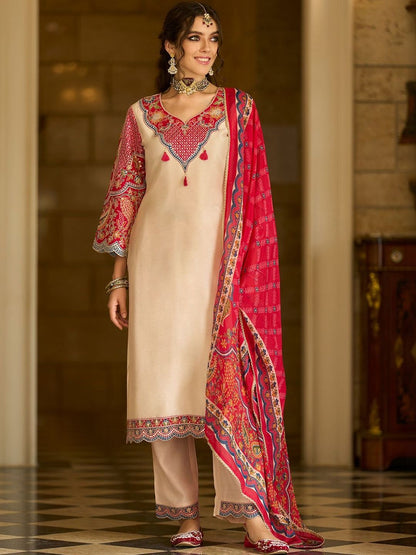 Ethnic Motifs Printed V-Neck Thread Work Kurta With Trousers & With Dupatta
