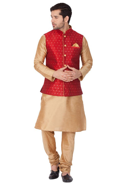 Men's Gold Silk Blend Straight Jacket  Kurta and Pyjama Set