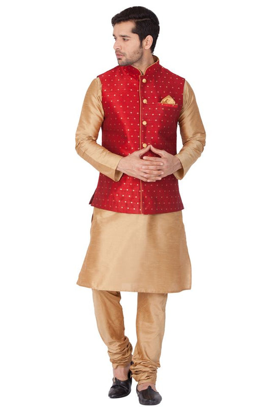 Men's Gold Silk Blend Straight Jacket  Kurta and Pyjama Set