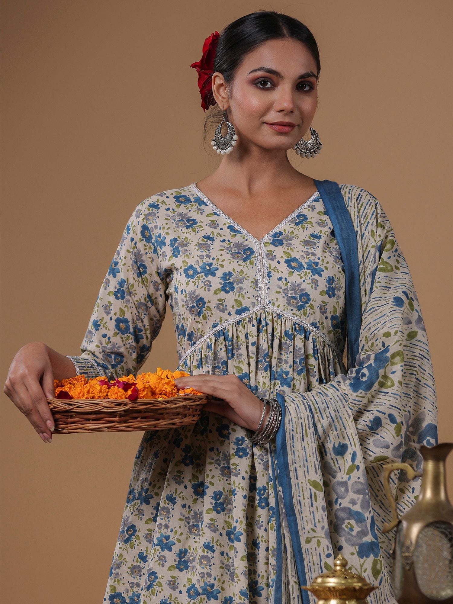 Dhiyona IE Floral Printed Empire Pure Cotton A-Line Kurta with Sharara & Dupatta
