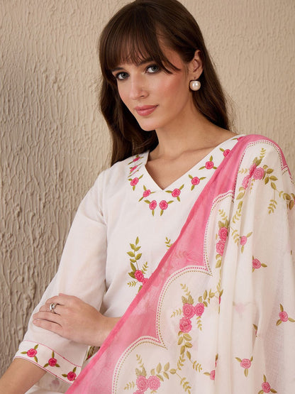 Dhiyona IE Women Floral Embroidered Regular Thread Work Pure Cotton Kurta with Trousers & With Dupatta