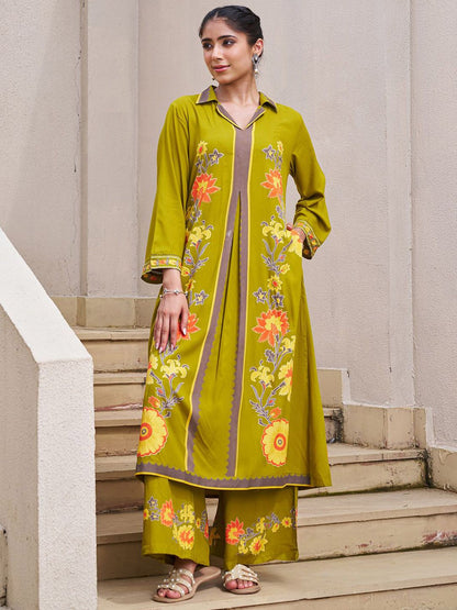 Dhiyona IE Floral Printed Shirt Collar A-Line Tunic & Palazzo
