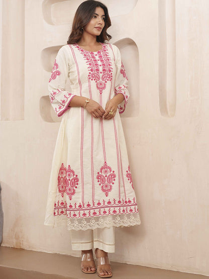 Dhiyona PD Women Floral Embroidered Pure Cotton Kurta & Trousers With Dupatta